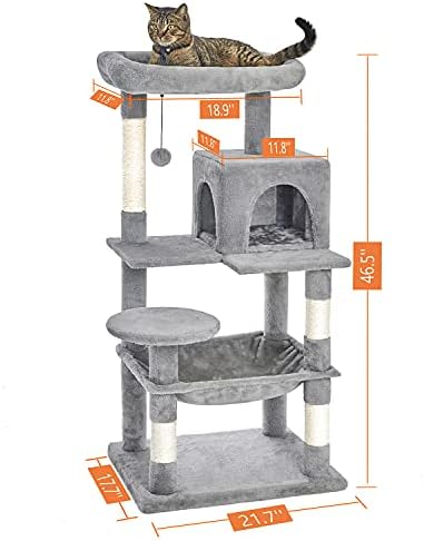 Catinsider 46.5 inches Cat Tree Multi-Level Cat Tower with Sisal-Covered Scratching Posts, Plush Perches, Hammock and Condo for Cats Light Gray