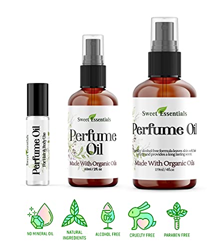 Sweet Essentials AMBER ROMANCE TYPE, Fragrance - Perfume Oil, Made with Organic Oils, 2oz, Spray on Perfume Hair & Body Oil - Alcohol