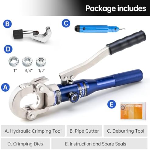 Copper Tube Fittings Hydraulic Pipe Crimping Tool with 1/2",3/4" and 1" Jaw Copper Pipe Press Crimper Pressing Pliers, with Pipe Cutter