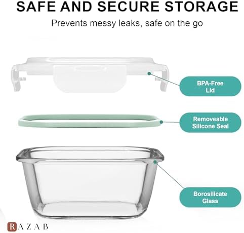 Razab 6 PC Square Glass Food Storage Containers with Airtight lids (74