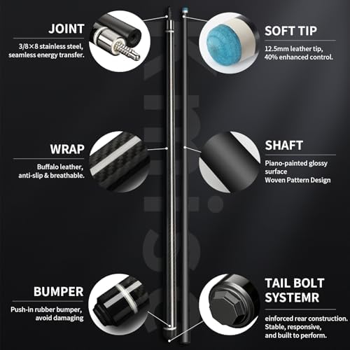 Kmise Carbon Fiber Pool Cue Stick 58", Billiard Cue Sticks 21-23oz, Low Deflection Pool Cue with 12.5mm Tip, Professional Billiard Carbon Fiber Pool Sticks for Adults
