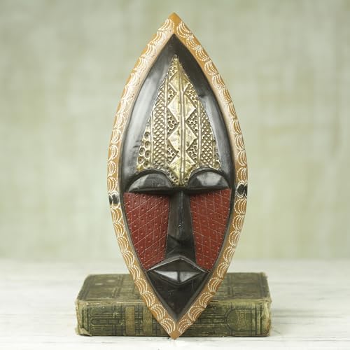 NOVICA Black and Red Sese Wood African Wall Mask with Brass Accents, 'A Peace Blessing'