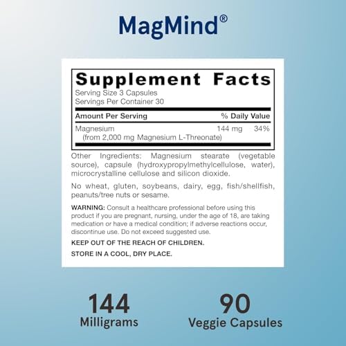 Jarrow MagMind Magtein Magnesium L-Threonate, 90 Capsules | Magnesium Supplement, Brain Supplements For Memory Support, Veggie Capsules, 30 Day Supply