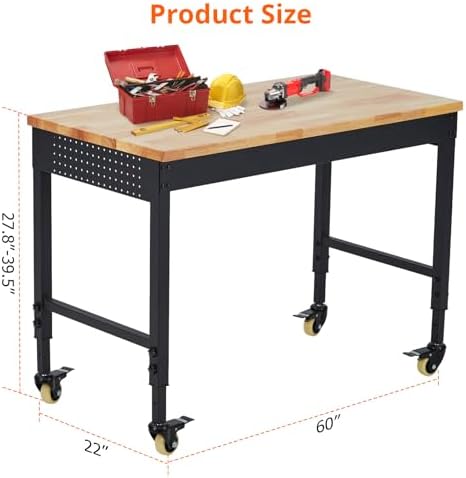 48’’x24’’ Adjustable Workbench,Workbench with Drawers,Darage Workbench with Pegboard,2000 LB Load Capacity,4 Rolling Casters, Power Outlets, Metal Frame,for Garage, Workshop, Home, Office