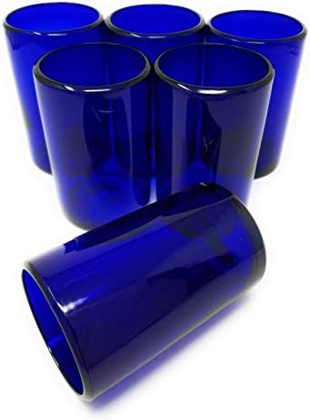 Hand Blown Mexican Drinking Glasses – Set of 6 Cobalt Water Glasses (14 oz each)