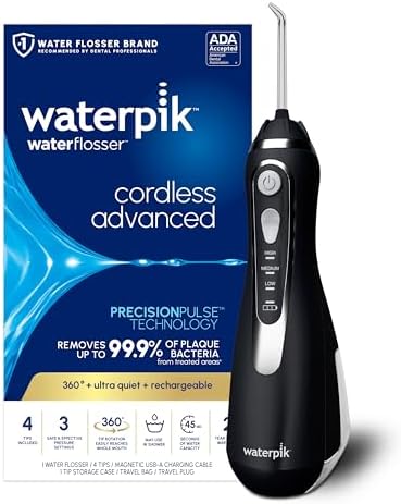Waterpik Cordless Advanced Portable Water Flosser, Rechargeable, Black | 3 Settings, 4 Tips, Travel Bag, for Gums, Teeth, Dental Braces, Implants, Shower Use ADA Accepted WP-582 Packaging May Vary