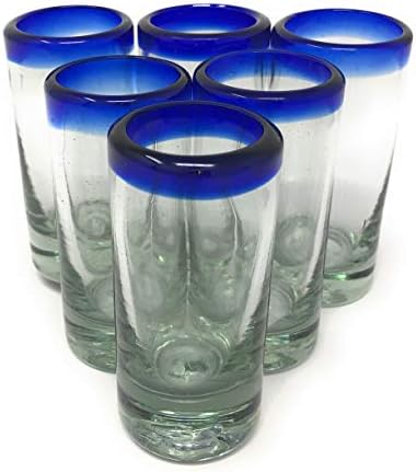 Hand Blown Mexican Tequila Shot Glasses – Set of 6 Cobalt Blue Rim Tequila Shot Glasses (2 oz each)
