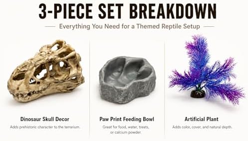Reptile Tank Accessories Set, Dinosaur Skull Decor with Footprint Reptile Bowl and Artificial Plant, Bearded Dragon Tank Accessories