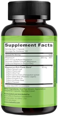NATURELO Magnesium Glycinate Chelate Complex - 200 mg Magnesium, 120 Count | Support Sleep, Calm, Muscle Cramp & Stress Relief, Gluten Free, Non GMO, with Organic Vegetables