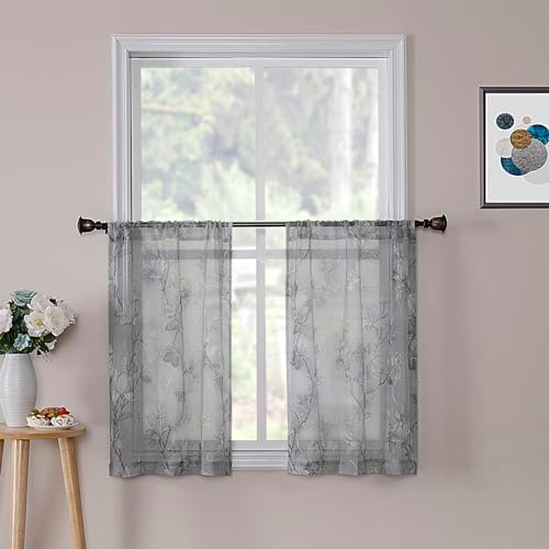 Tollpiz Floral Grey Sheer Curtain Flower Print Vine Embroidery Bedroom Curtains Rod Pocket Voile Window Curtain for Living Room, 54 x 84 inches Long