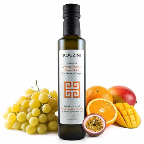 Kouzini Ultra-Premium Peach White Balsamic Vinegar, Aged, No Added Sugars or Preservatives, Ideal for Salads, Meats, Fish, Pizza, & Bread Dipping, Luxurious Balsamic Vinegar of Modena, 250ml