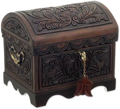 NOVICA Artisan Handmade Cedar and Leather Decorative Box | Floral Bird Motif | Brown Wood Accessories | 'Andean Flight' | 7" H x 8.75" W x 7" D