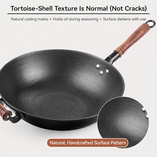 WANGYUANJI 12.6 Inch Cast Iron Wok with Wooden Lid, Handcrafted Flat Bottom Chinese Stir Fry Pan, Uncoated Heavy-Duty Iron Wok for Induction, Gas