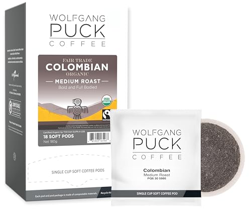 Wolfgang Puck Coffee, Organic Colombian Fair Trade, 9.5 Gram Soft Pods, 18 Count (Pack of 1)