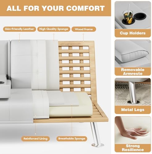 JUMMICO Faux Leather Futon Sofa Bed, Sleeper Sofa with Adjustable Backrest