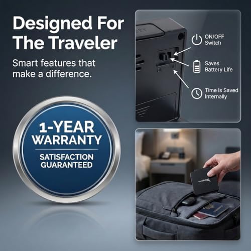 Digital Travel Alarm Clock - No Bells, No Whistles, Simple Basic Operation, Loud Alarm, Snooze, Small and Light, ON/Off Switch, 2 AAA Battery Powered