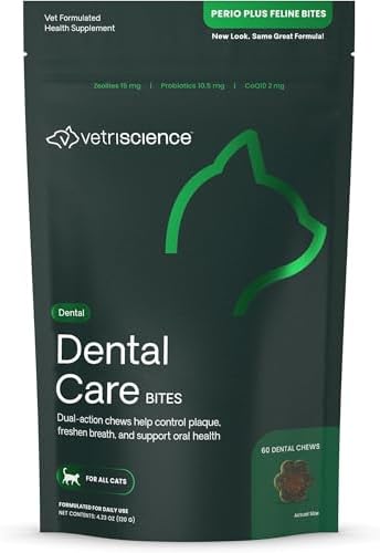 VetriScience Perio Plus Cat Teeth Cleaning Bites - Advanced Cat Breath Freshener - Dual Action Cat Dental Care Formula for Plaque Control & Fresh