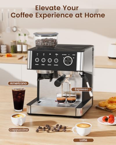 (2026 Upgrade) Espresso Machine with Grinder, 15 Bar Expresso Coffee Machines, Professional Coffee Maker for Latte&Cappuccino with Milk Frother, Expresso Machines for Home Descaling Kit Included White