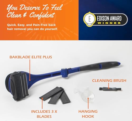 BakBlade 2.0 Elite Back Shaver for Men With Silicone Handle For Grip | Exfoliator Brush Included, 3 Rows of Blades, Ergonomic Foldable Handle