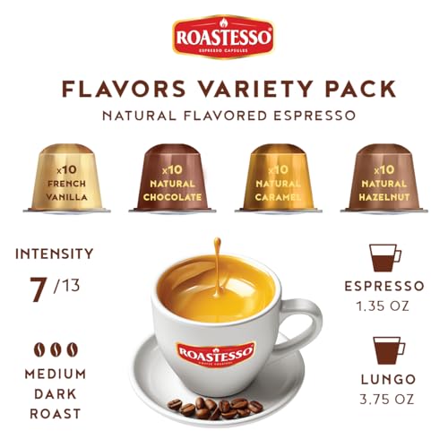 Roastesso, Aluminum Espresso Capsules, Flavors Variety Pack, Natural Flavored Coffee Pods with French Vanilla, Caramel, Chocolate & Hazelnut