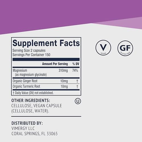 VIMERGY Magnesium Glycinate Supplement, Vegan, 180 Capsules, 90 Servings