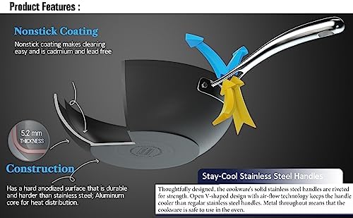Cooks Standard Classic 11-Inch Hard Anodized Nonstick Wok Stir Fry Pan | 3-Qt Deep Frying Pan with Vented Glass Lid, Stay-cool Handle