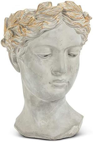 Abbott Collection Large Woman Head Planter | Hand-Finished Greco-Roman Style, Indoor & Outdoor, For Flowers & Succulents, Cement, Gray, 10"H