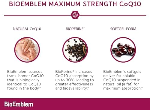 BioEmblem CoQ10 200mg with BioPerine, Coenzyme Q10, 90 Softgels