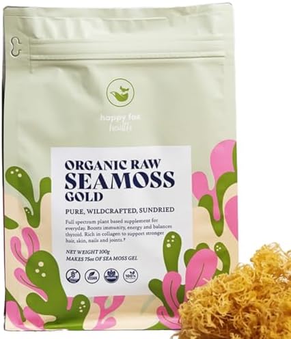 HAPPY FOX Organic Sea Moss Raw Gold - Makes 75oz of Seamoss Gel Rich in Vitamins & Minerals, Certified Non-GMO, Wildcrafted, Sundried Superfood - 3.5 oz Bag