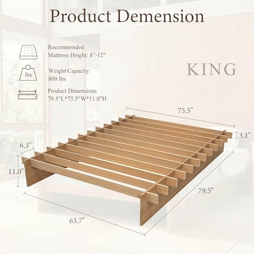 Brafab Tooless Queen Bed Frame, Wooden Japanese Joinery Platform Bed Frame | Wood Slat Support, Assembly in 10 Min, 8" Underbed Storage, No Box Spring Needed, Noise Free, Kid-Friendly Design, Natural