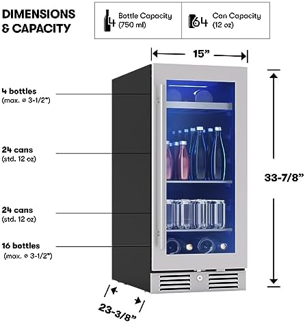 Zephyr Presrv 15 Inch Slim Wine Fridge Beverage Refrigerator Under Counter