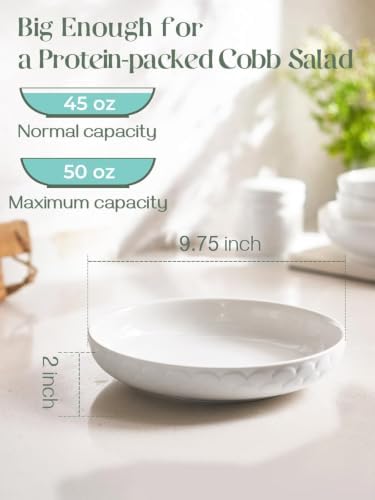 DOWAN Pasta Bowls Set of 4 for Large Portions, 54 oz Textured Motif Large Salad Serving Bowls, Ceramic Plates, White Soup Bowl for Kitchen Meal Prep