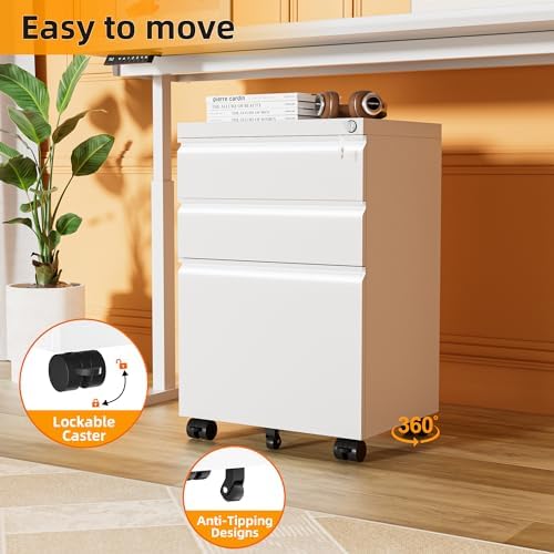 3 Drawer Filing Cabinet with Lock, White Mobile File Cabinet with Wheels, Rolling Small Metal Cabinets Under Desk for Home Office, Assembled