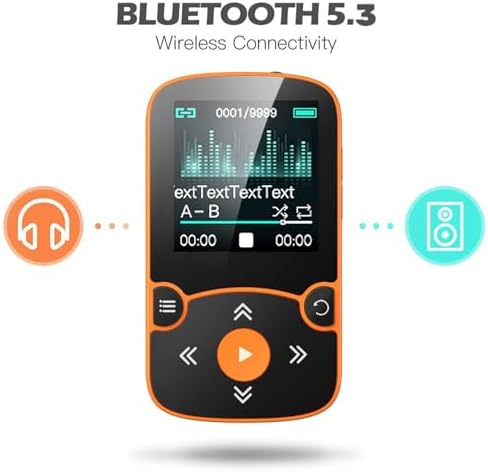 AGPTEK 64GB MP3 Player with Clip, A65 Bluetooth 5.3 Music Player for Sports | with FM Radio, Voice Recorder for Running, Supports up to 128GB TF Card, Orange