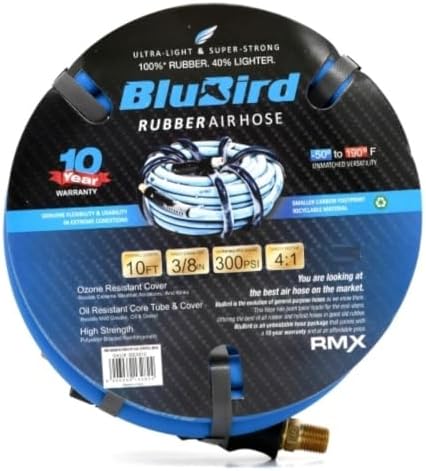BLUBIRD BB3850 3/8" x 50' Rubber Air Hose, 100% Rubber, Lightest, Strongest, Most Flexible, 300 PSI, 50F to 190F Degrees, Ozone Resistant, High Strength Polyester Braided | High-Performance Pneumatic Hose for Automotive Construction & Industrial, Durable…