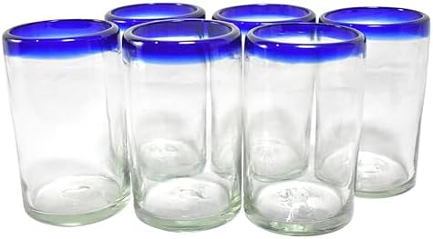 MAREY Hand Blown Drinking Glasses Artisan Crafted from Mexico Set of 6 pieces (Cobalt Blue Rim, Water 16 Oz.)