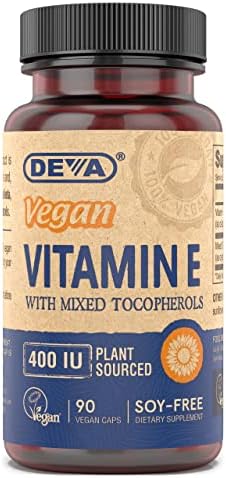 DEVA Vegan Vitamins Natural Vitamin E 400IU with Mixed Tocopherols, Supports Immune System & Skin Nutrition, Natural Antioxidant & Gluten Free, Dairy Free, Non-GMO, 90 Capsules