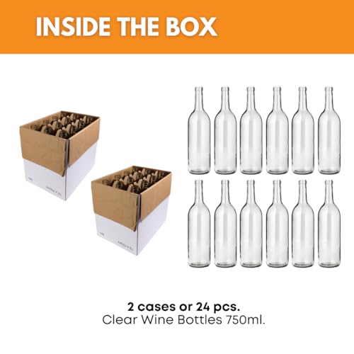 FastRack 24 - 750ml W5 Clear Bordeaux Wine Bottles-2 Cases, 750ml | Flint flat-bottomed glass wine bottles empty for home winemaking