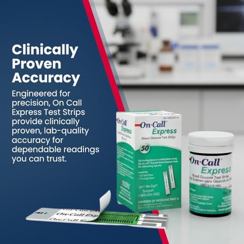 Blood Glucose Test Strips for Diabetes by On-Call Express, 50 Count, No Coding Needed, Quick Read in Seconds, Accurate Diabetic Blood Sugar Testing