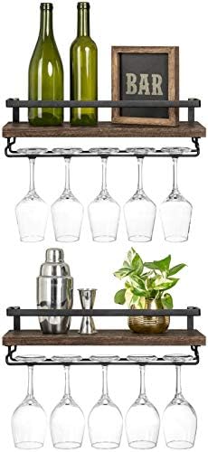Mkono Wall Mounted Wine Rack Set of 2 Wood Rustic Wine Bottle Glass Floating Shelves with Stemware Hanger Modern Plants Photos Wine Display Storage