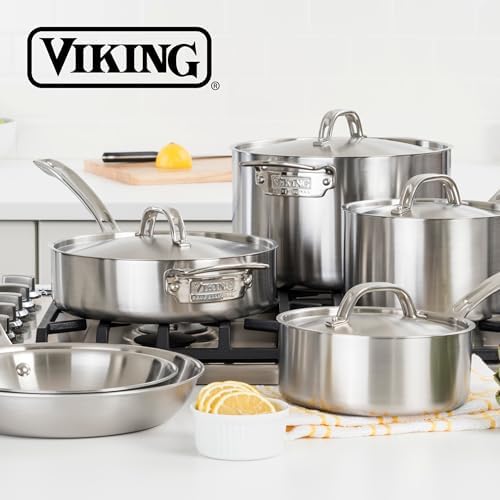 Viking 3-Ply Pots and Pans Set, 17 Piece Stainless Steel Cookware Glass Lids, Steamer Insert, Silver