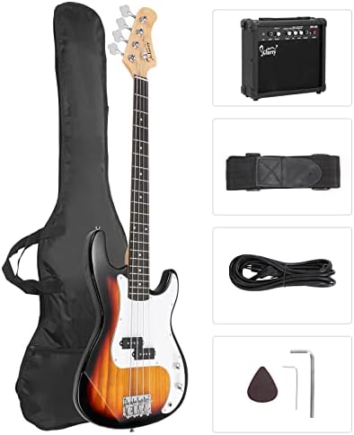 GLARRY Full Size Electric Bass Guitar Beginner Kit 4 String Exquisite Basswood Bass with 20W AMP, Cable, Strap, Bag and Accessories (Transparent Blue, 39"Right Handed)