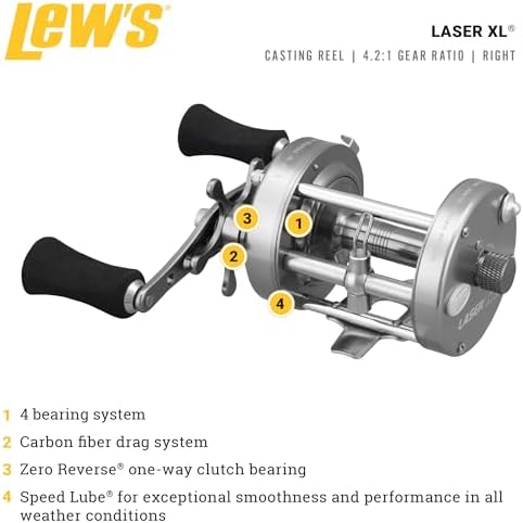 Lew's Laser XL Baitcast Fishing Reel, Right-Hand Retrieve, 4.2:1 Gear Ratio, 4 Bearing System