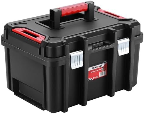 MAXPOWER Small Tool Box, 14-inch Plastic Tool Boxes with Handle | Removable Tray with Dual Lock Secured, Red Toolbox for Home