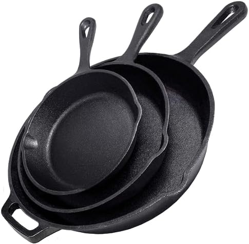 Cast Iron Skillet 3-Piece Set w/Cookbook - Heavy-Duty Professional Restaurant Chef Quality Pre-Seasoned Pan Cookware - 10", 8", 6.25" Pans - For Frying, Saute, Cooking, Pizza - Black