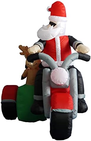 6 Foot Long Inflatable Santa Claus and 3 Reindeers in a Motorcycle | Outdoor Yard Blow-Up Holiday Decoration, Built-in Lights, Self-Inflating