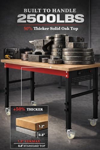 60" Heavy Duty Workbench, 2500 LBS Load Capacity Work Bench with 1.2" Laminated Oak Wood Top & Reinforced Steel Frame, Adjustable Height Work Table for Garage, Workshop, Office, Home (Casters)