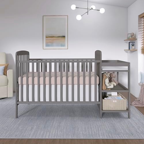 Dream On Me Anna 3-in-1 Convertible Full-Size Baby Crib & Changer with Storage in Steel Grey, GreenGuard Gold & BSA, Pinewood