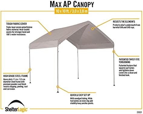 ShelterLogic 10' x 10' MaxAP Canopy Series Compact Outdoor Easy to Assemble Steel Metal Frame Canopy with 50+ UPF Sun Protection and Waterproof Cover, White, 23521