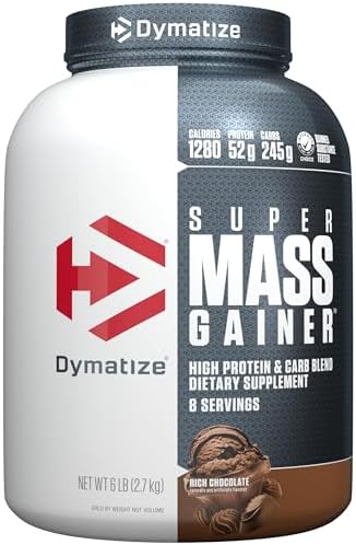 Dymatize Super Mass Gainer Protein Powder, Gourmet Vanilla, 52g Protein, 1g Creatine, 1280 Calories, 10.7g BCAAs, 245g Carbs, Contains Whey Protein Powder, Isolate, and Casein (8 Servings)